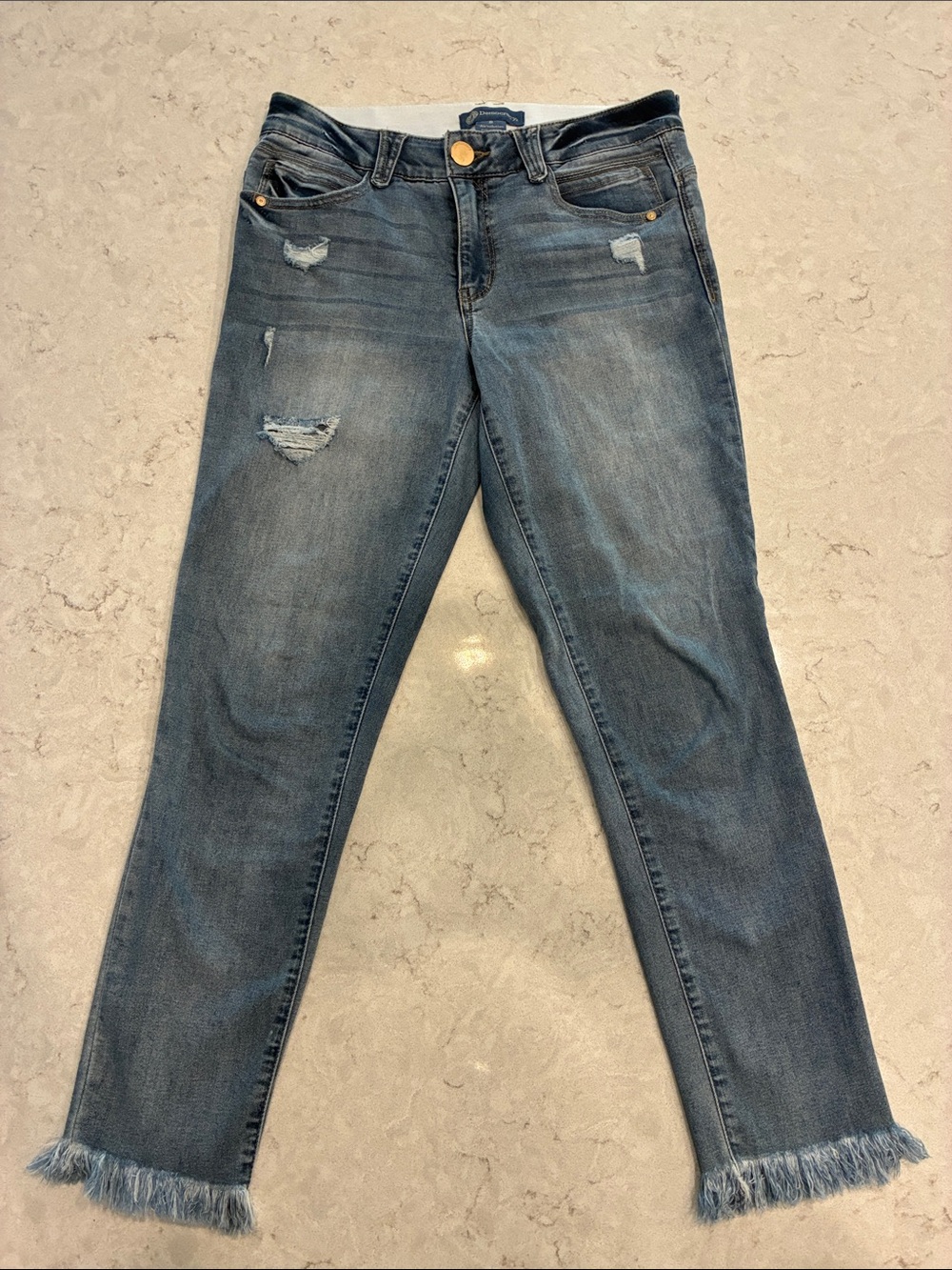Democracy Medium Blue Distressed Cropped Jeans with Frayed Ankles